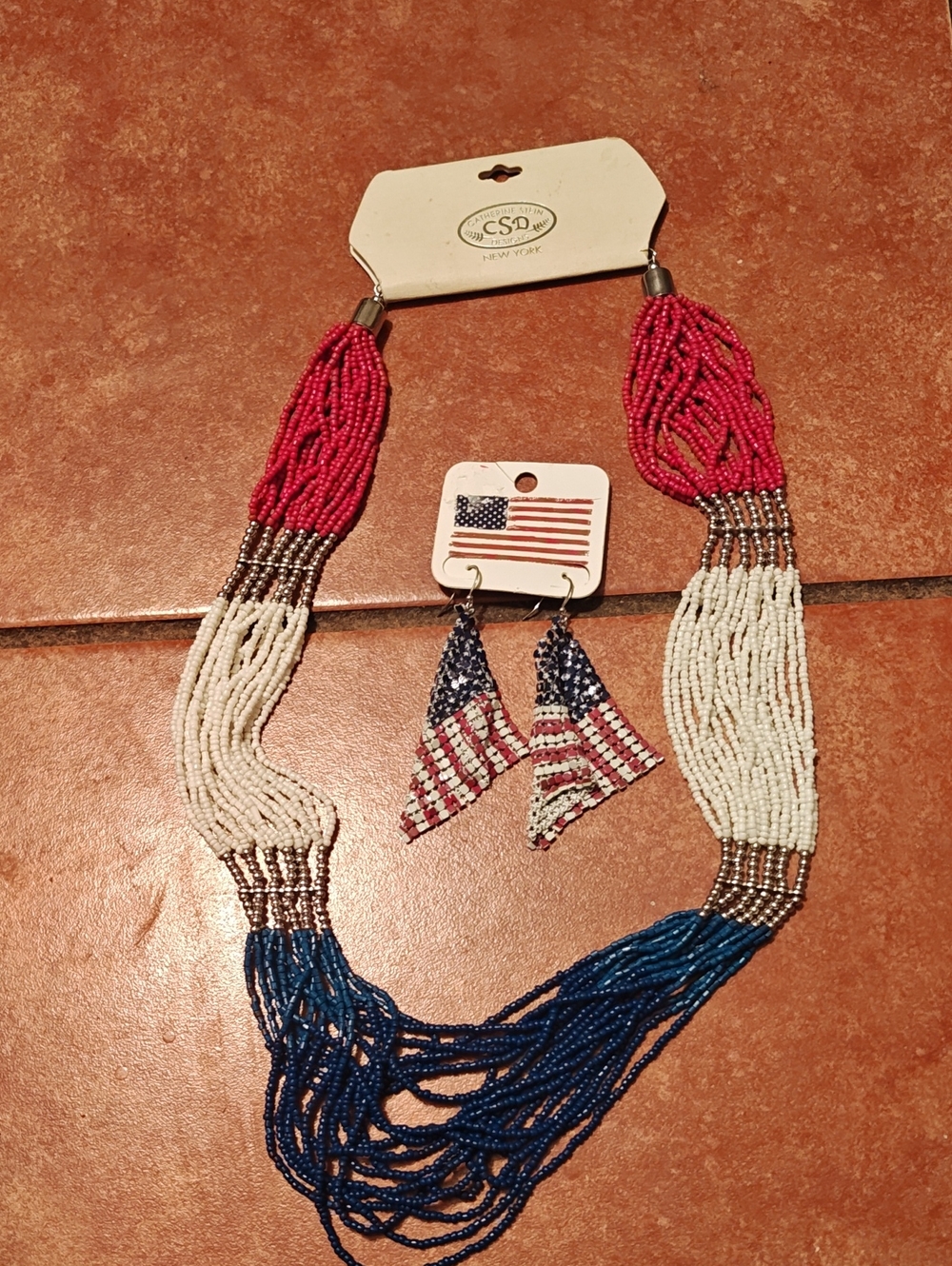 Red White Blue Beaded Necklace and Flag Earrings Set